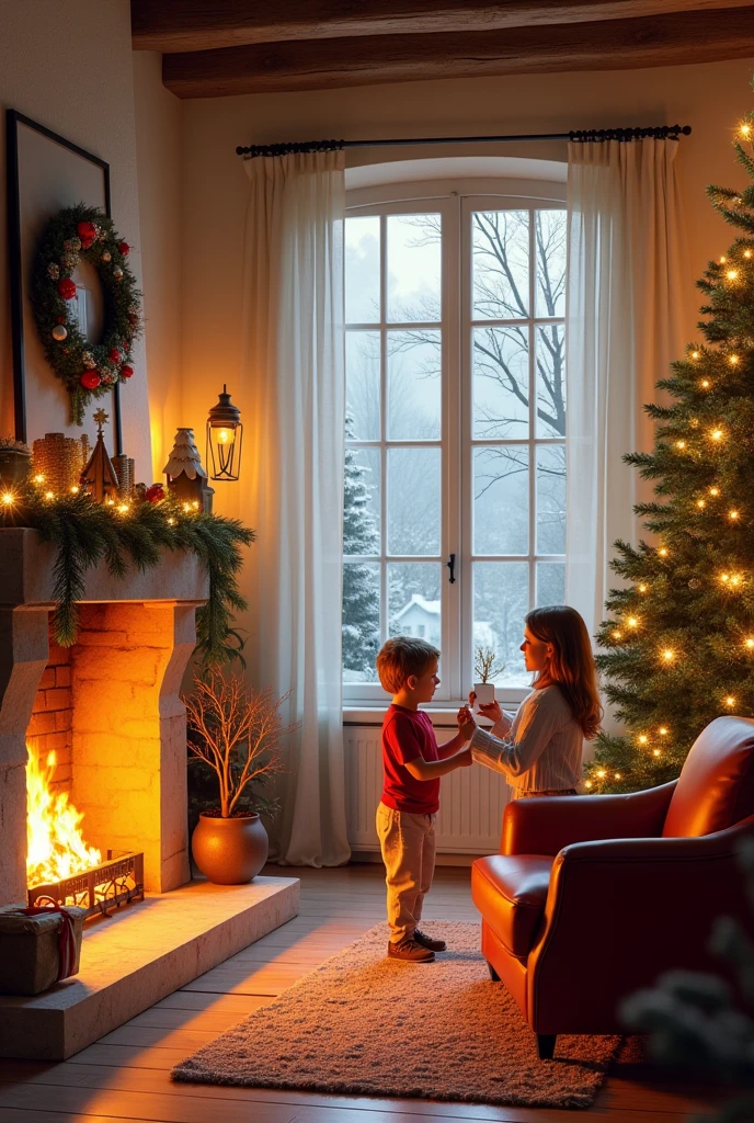 Christmas scene in it with fireplace, Christmas tree with lights, Piano, Luster, window, Provencal armchair with light neutral colors with children