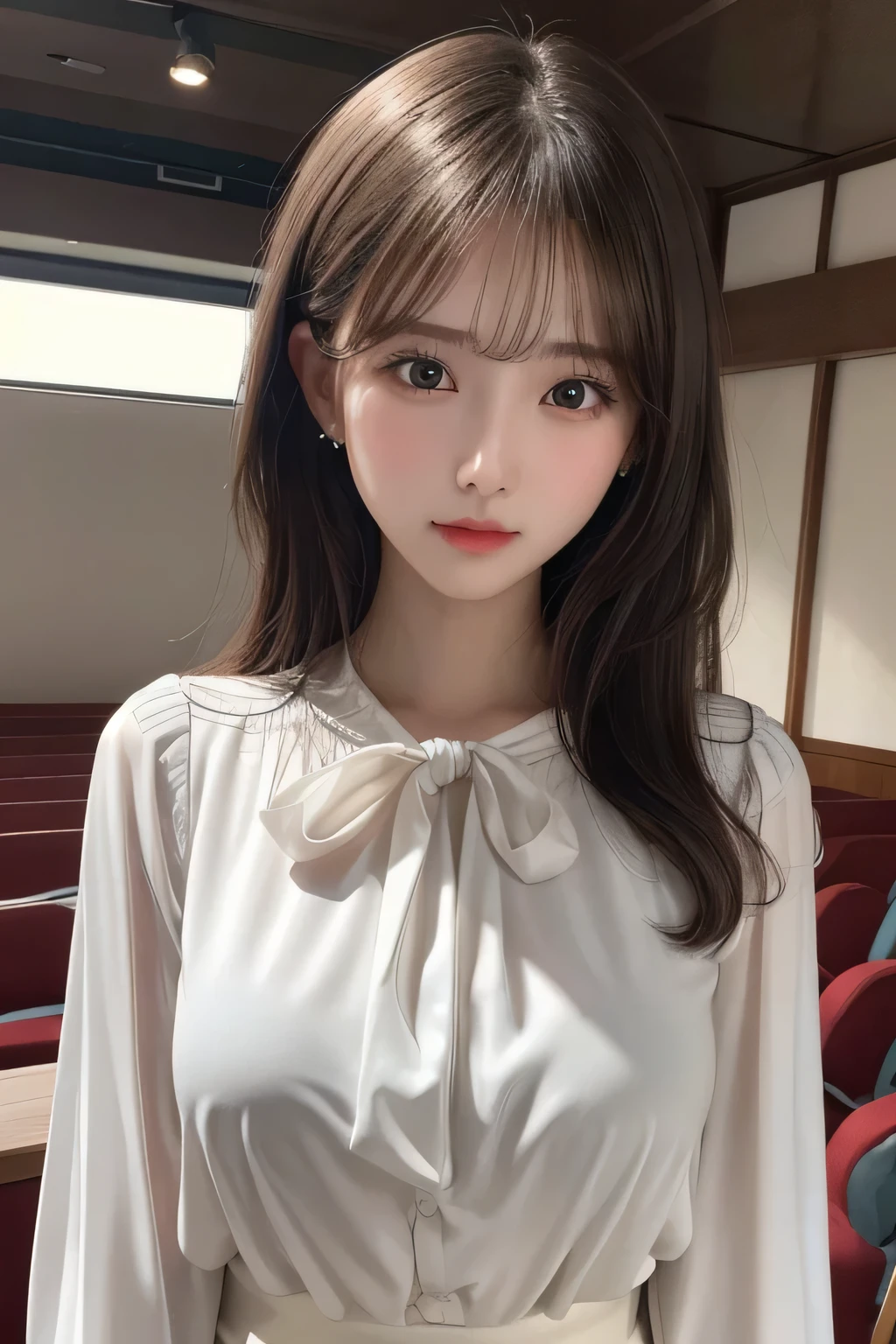 One Girl, 1 person,Highest quality,High resolution,超High resolution,8k,Realistic,Upper Body,encounter_audience,Large Breasts, the body is slim,(blouse:1.2)