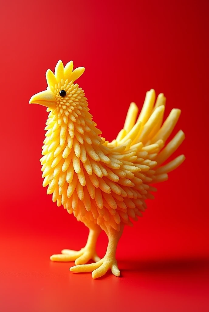 Red background, French fries that form a piece of chicken