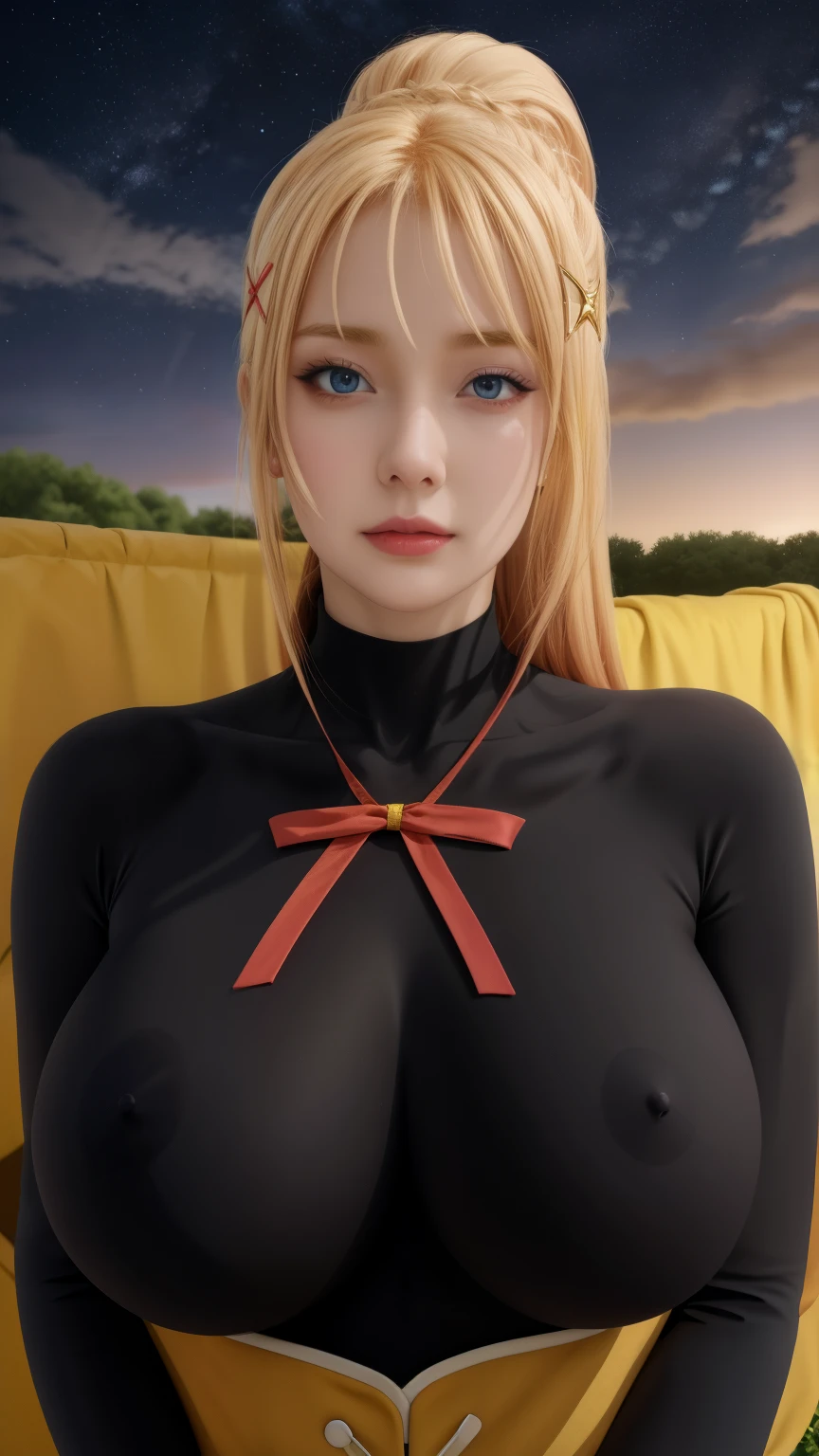 lalatinadustinessford, huge_breasts, standing, solo, Black_bodysuit_Yellow_high-waist_skirt_Front_slit_Red_bowtie, starry_sky,, masterpiece, best quality, detailed face, detailed eyes, highres,