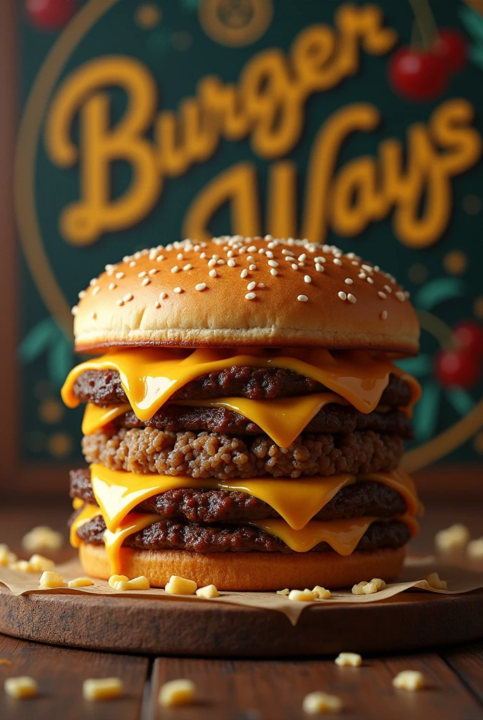 (photorealism:1.2), single cheesy burger double deckers chedar cheese and smoked beef(smokeys), daging cincang bercampur mayonise, a commercial break with text BURGER WAYS, by Greg Rutkowski, by Alphonse Mucha