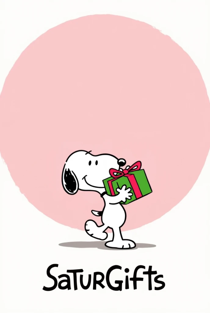 snoopy giving a gift, around a pink circle and below it says saturgifts