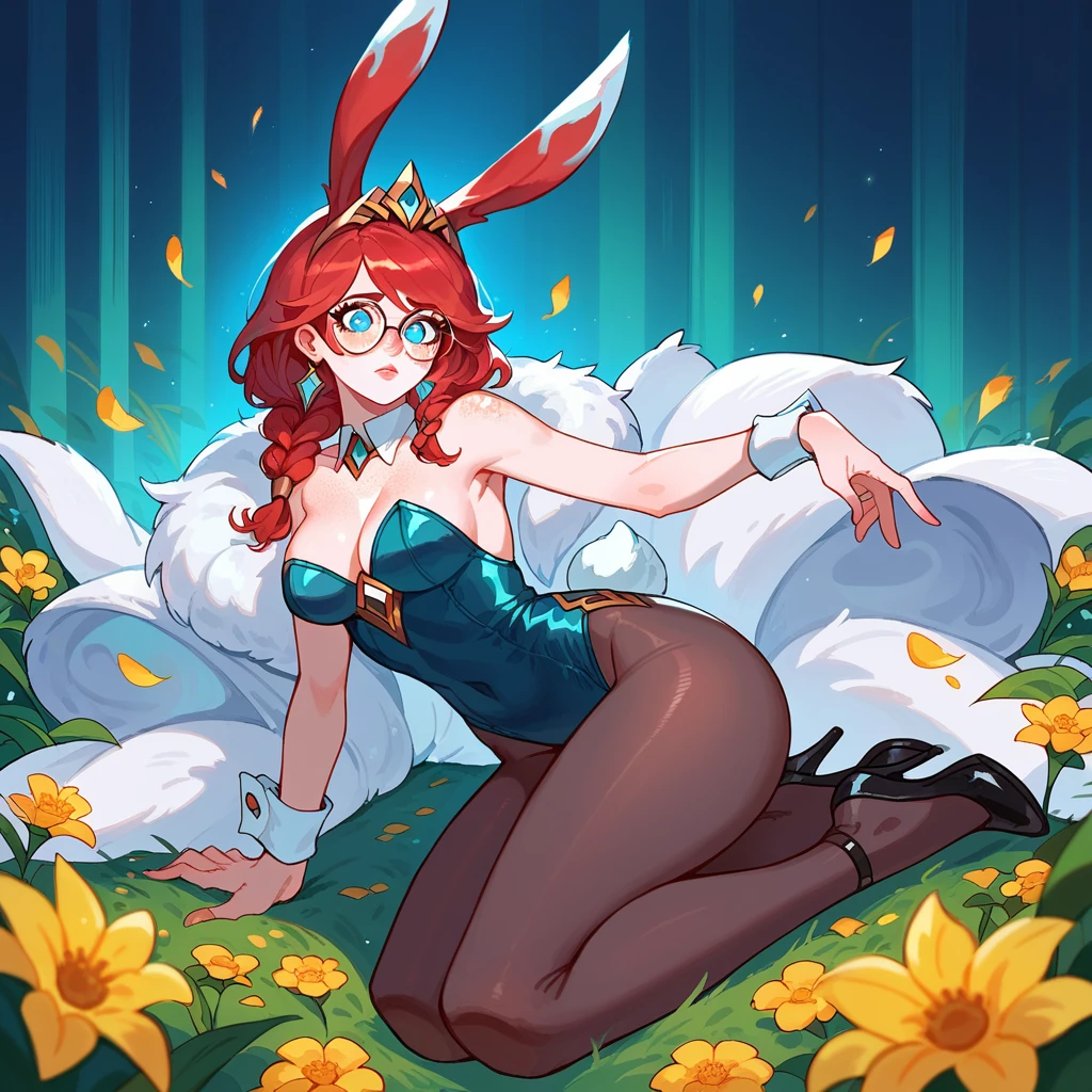 score_9, score_8_up, score_7_up, aurora (league of legends), 1girl, blue eyes, bunny ears, freckles, bangs, braid, beautiful yellow flower tiara, sexy, full body, playboy dress, pantyhose, black heels, round glasses, earrings, red hair, long eyelashes,