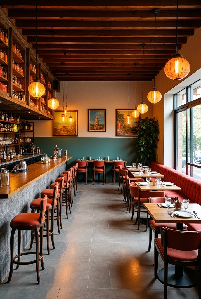 Make me the interior of an interior restaurant:%0A%0AAmbient%20acogedor%3A%20Opta%20 dust%20Un%20dise%C3%B1o%20abierto%20con%20Una%20paleta%20de%20colores%20neutros%20y%20 accents%20en%20 tons%20vibrantes.%20Los%20muebles%20pueden%20ser%20de%20madera%20 recycled%20o%20de%20estilo%20industrial%20con%20 cushions%20y%20textiles%20that%20highlight%20Los%20colores%20locales.%0AZona%20de%20Bar%20y%20comedor%3A%20Crea%20Una%20 zones%20de%20bar%20con%20Una%20barra%20de%20madera%20natural%20o%20piedra,%20y%20Un%20%C3%A1rea%20de%20comedor%20con%20mesas%20y%20 bridges%20c%C3%B3modas.%20la%20 enlighten us%C3%B3n%20debe%20ser%20suave%20y%20c%C3%in A1,%20con%20l%C3%A1mpara%20colgantes%20de%20dise%C3%B1o%20%C3%BAnico.%0AArte%20Local%3A%20Decora%20las%20paredes%20con%20obras%20de%20 artist status%20locales%20o%20murals%20that%20 the representative%20escenas%20de%20Santo%20Domingo.%20This%20 no%20solo%20embellece%20el%20space%20sino%20that%20Tambi%C3%A9n%20apoya%20a%20la%20community%20art%C3%ADstica%20local.