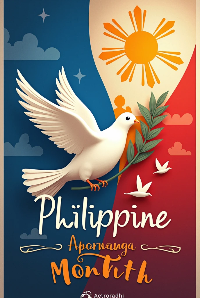 Buwan ng wika banner with a philippine flag background in the blue part insert a sampaguita and a Dove holding a piece of laurel leaves then near the dove is a 3 small birds and also put a peace symbol and clouds. Im the red part put Andres bonifacio holding itak and Jose rizal holding a book of noli me tangere & Elfili busterismo put also the 3 Prayle(Spanish priest)