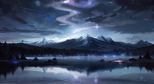 Starry sky with mountains and lake, Jessica Rosier, Inspired by Jessica Rosier, Jessica Rosier Fantasy Art, Concept Art Magic Highlights, Official artwork, Dream Painting, Ethereal Plane, Atmospheric artwork, Dreamy Matte Paintings, Inspired by Ted Nasmith、Calm and infinite stars々, Moonlight and starry sky environment, Epic music album covers.