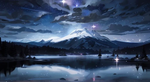 Starry sky with mountains and lake, Jessica Rosier, Inspired by Jessica Rosier, Jessica Rosier Fantasy Art, Concept Art Magic Highlights, Official artwork, Dream Painting, Ethereal Plane, Atmospheric artwork, Dreamy Matte Paintings, Inspired by Ted Nasmith、Calm and infinite stars々, Moonlight and starry sky environment, Epic music album covers.