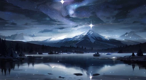 Starry sky with mountains and lake, Jessica Rosier, Inspired by Jessica Rosier, Jessica Rosier Fantasy Art, Concept Art Magic Highlights, Official artwork, Dream Painting, Ethereal Plane, Atmospheric artwork, Dreamy Matte Paintings, Inspired by Ted Nasmith、Calm and infinite stars々, Moonlight and starry sky environment, Epic music album covers.