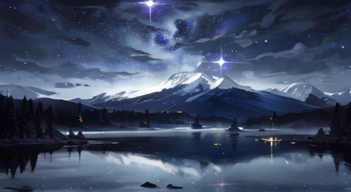 Starry sky with mountains and lake, Jessica Rosier, Inspired by Jessica Rosier, Jessica Rosier Fantasy Art, Concept Art Magic Highlights, Official artwork, Dream Painting, Ethereal Plane, Atmospheric artwork, Dreamy Matte Paintings, Inspired by Ted Nasmith、Calm and infinite stars々, Moonlight and starry sky environment, Epic music album covers.