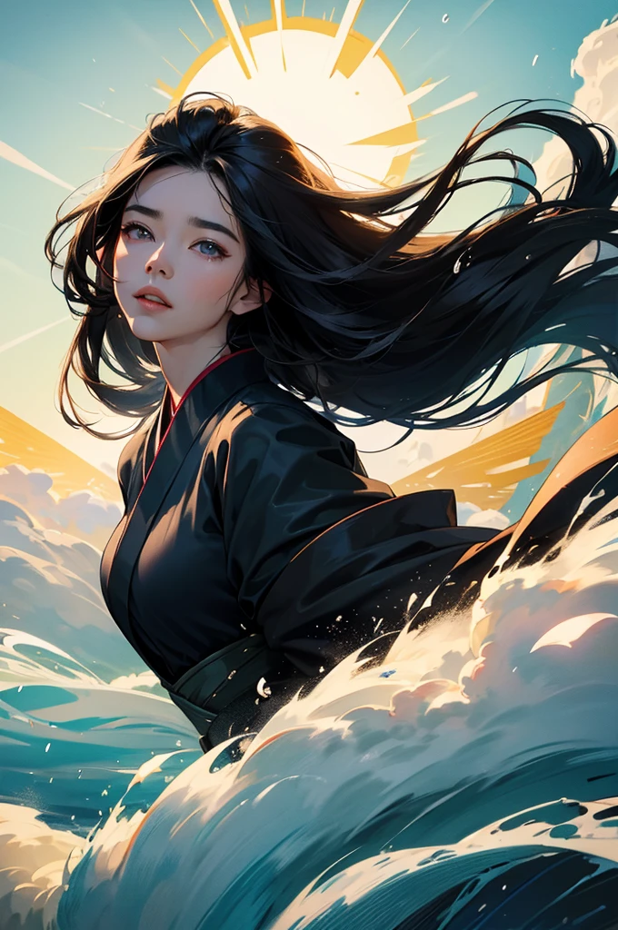 A black-haired woman in a kimono uses wind magic to fly into the sky, manipulate water, and blow away the rain. A bust-up of a beautiful woman with flowing hair calling for the sun.