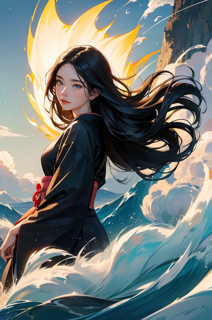 A black-haired woman in a kimono uses wind magic to fly into the sky, manipulate water, and blow away the rain. A bust-up of a beautiful woman with flowing hair calling for the sun.