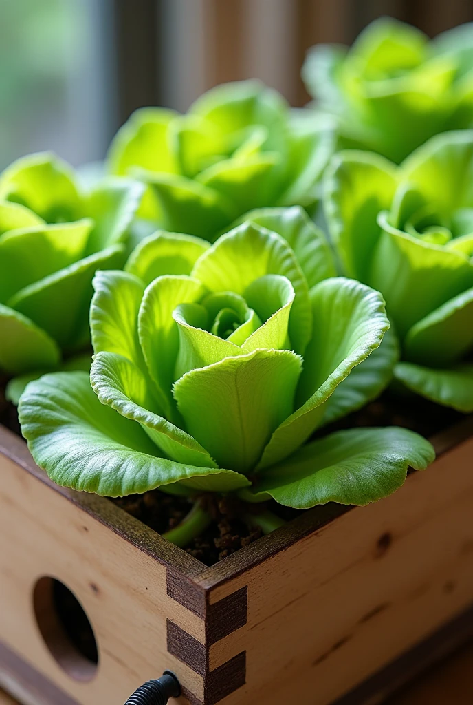 Small silk lettuces in a homemade wooden hydroponic model
