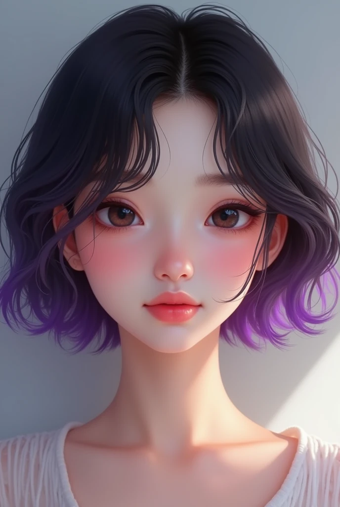 Very realistic young woman, Caucasian skin, short dark hair with purple tips, small, rosy lips, eyes black, rounded face. Her expression is soft, Your smile is kind and sweet.