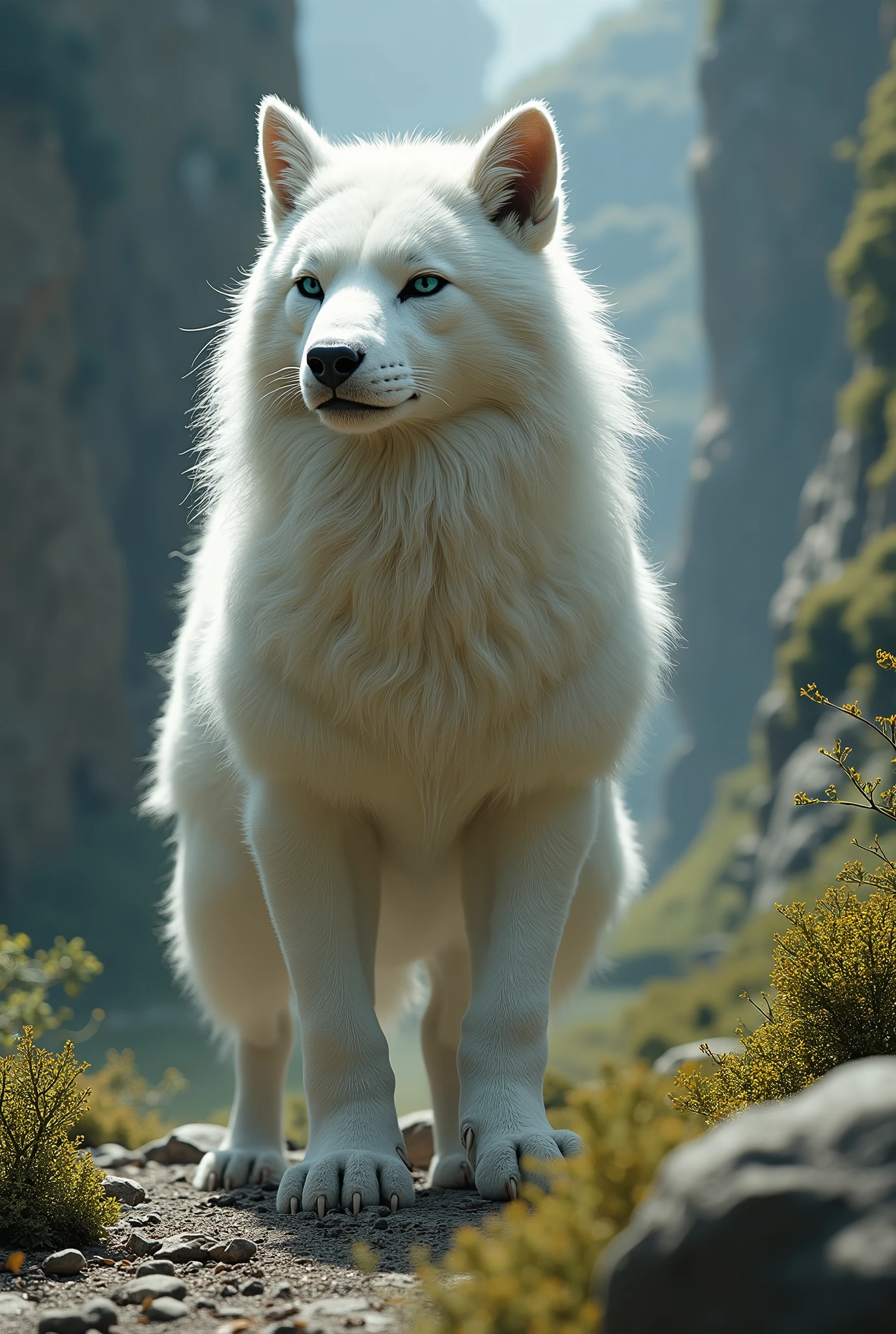 A hybrid of two land animals,The fur is white、 Realistic photos, In dramatic nature