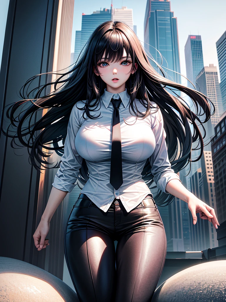 (Masterpiece、Ultra-high resolution、Detailed expression、Beautiful depiction、8k、Highest quality、Artwork:1.2)、(Giant:1.4)、Beauty、whole body、Beautifully detailed face、Over the city、A towering presence、Black Hair、business suit、White Shirt、Black pants、skyscraper