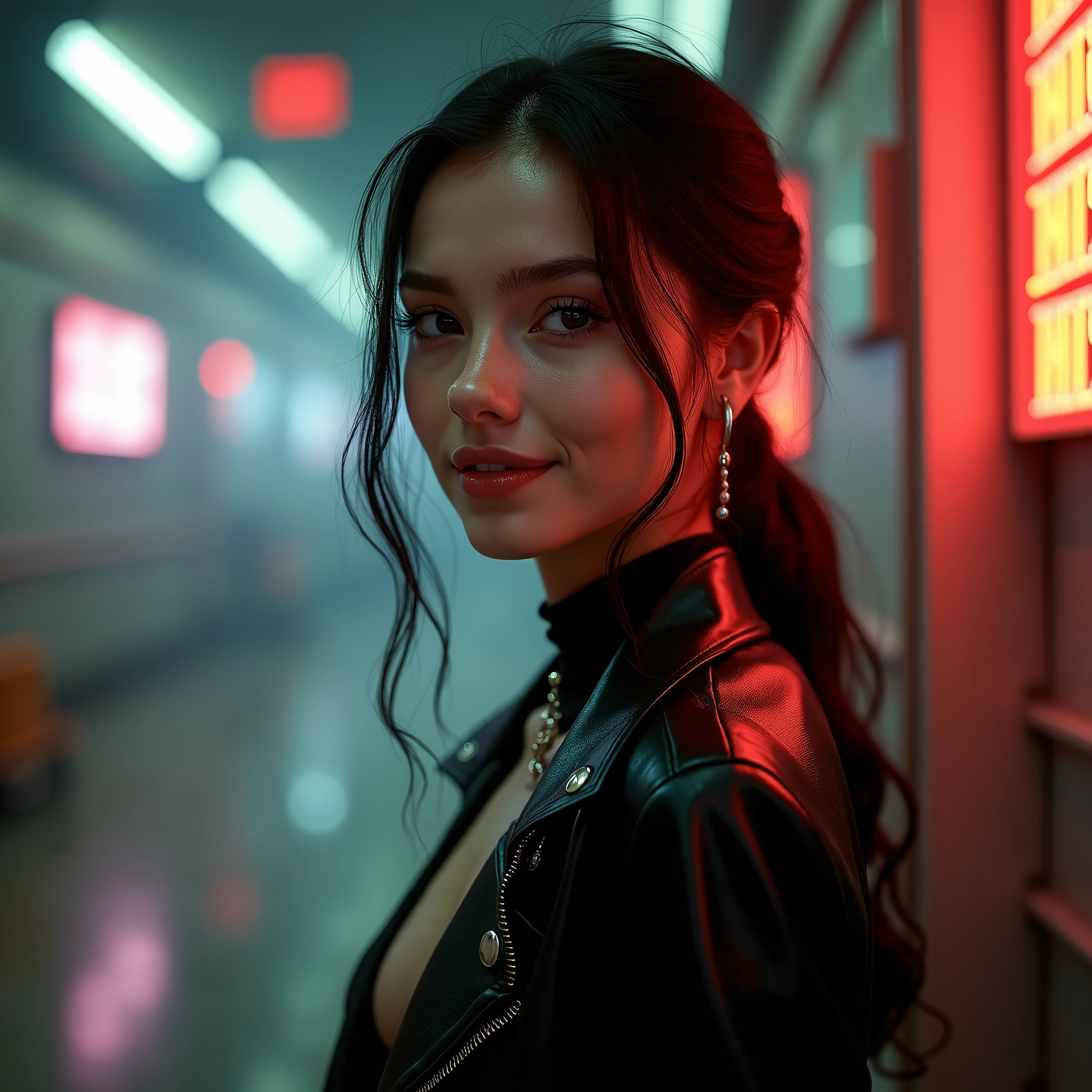 ((RAW photo), absurd, (absurdresolution)), masterpiece, best quality, (best shadow), beautiful detailed glow, hyperrealism, beautiful girl, ta, smiling, 2, beautiful, (cyberpunk), elegant woman looking at the camera in black leather clothes, ((The face of the most beautiful young girl)), the most beautiful face, gorgeous, very pretty young girl, upper body, ((cinematic shots: full shot)), Photographic Perspective. «SunPuma S»