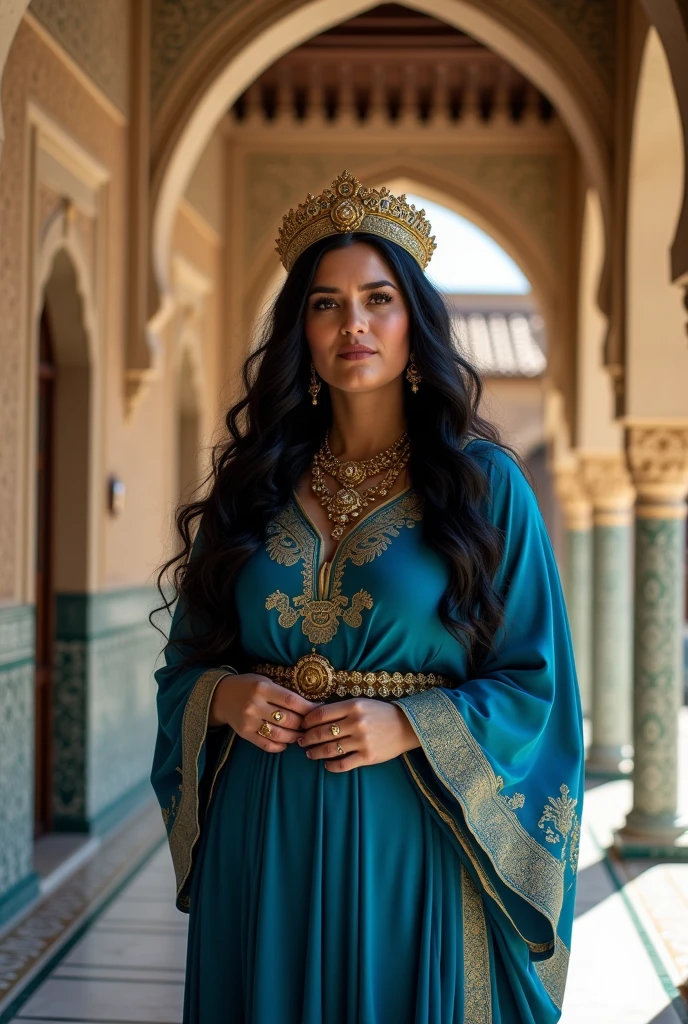 portrait of  chubby woman inside Alhambra with very very Long hair black, crowned with arabic headress middle age, blue kaftan, gold jewelry, Al andalus Era, ethereal Vibe.