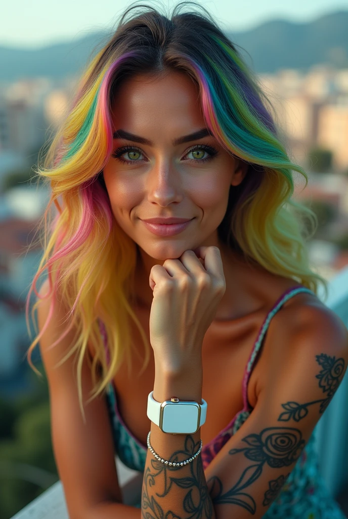 A 4K portrait of a 30-year-old brunette Argentinian woman with rainbow-colored blonde hair and emerald green eyes. She is depicted with a perfect smile, wearing a white smartwatch on her wrist, and showcasing tattoos on her arm. Her elegant clothing complements her sophisticated appearance. She is looking out at a vibrant cityscape in the background, which is softly blurred to focus on her features.
The portrait is rendered with perfect details and high quality, emphasizing realistic textures and clarity. Her hair is styled with vibrant, rainbow-colored strands that contrast beautifully with her emerald eyes. The smartwatch and tattoos are subtly highlighted, adding depth to her appearance. The lighting is soft yet vivid, enhancing her elegant clothing and the rich details of her features. The overall composition captures her graceful demeanor and the dynamic city environment, ensuring every detail is rendered with high resolution and professional quality