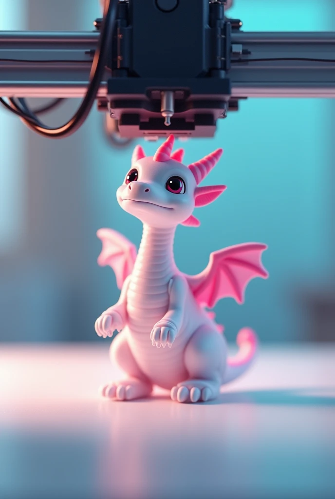 3d printer with a smal white and pink 3d printet flexible dragon, by Schelly3DPrints
