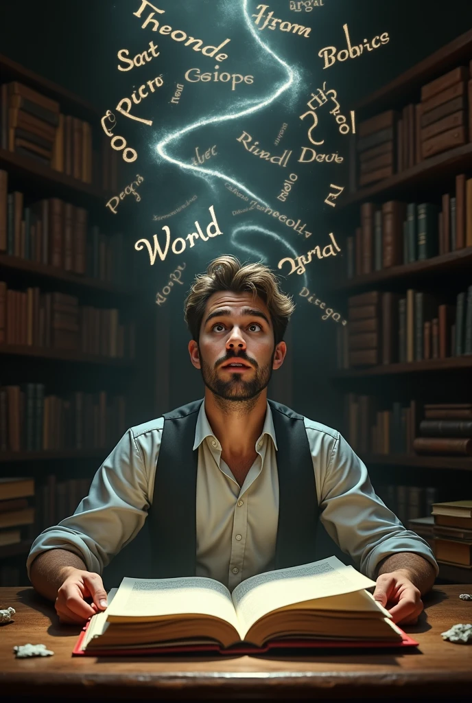 Man seeing words coming out of book 