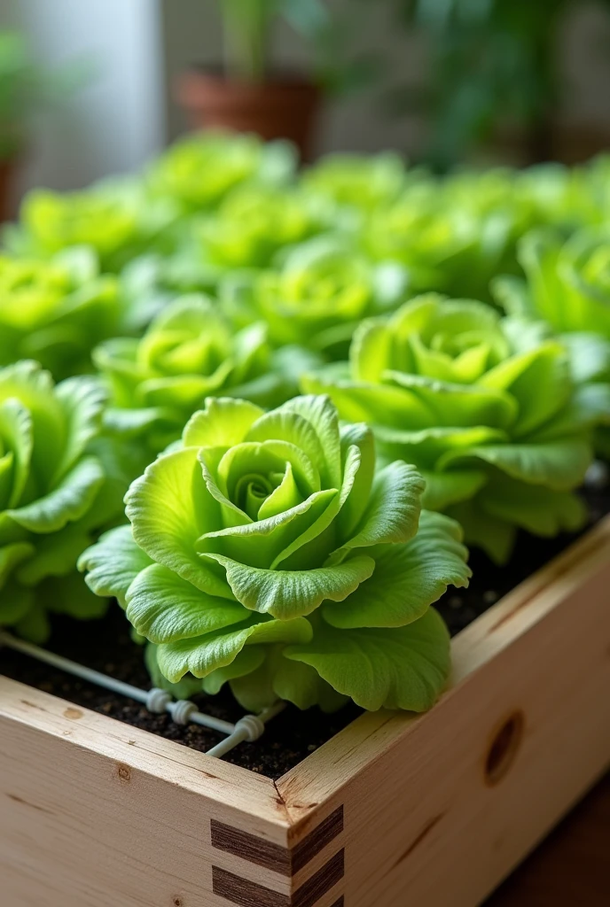 Small silk lettuces in a homemade wooden hydroponic model
