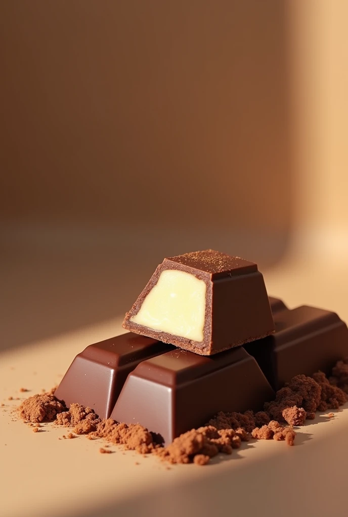 Create an advertising image of a cocoa chocolate whose brand name is Colombia and it has a white chocolate filling in the center 