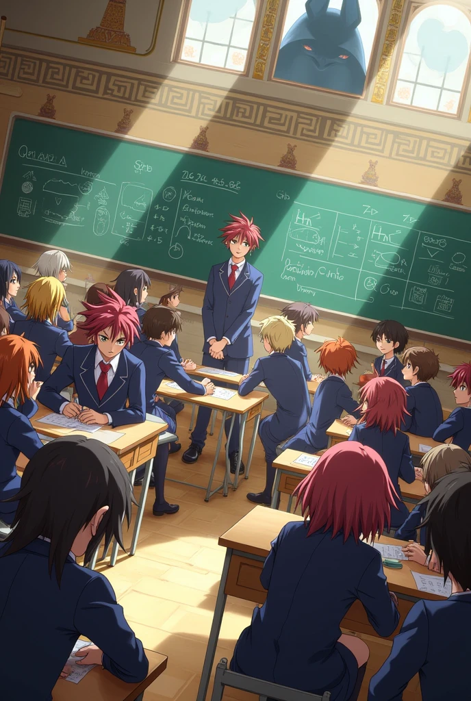 Create an image set in the world of YU-GI-OH of a group of 16 young people who are in the classroom learning mathematics