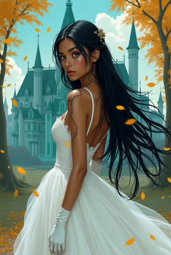 Caramel skinned princess with long black hair and blue eyes. your hands are wearing a pair of iron gloves that cover your fingers. She is wearing a white wedding dress that is ripped and shows her back with a vertical tear.. She is running to a turquoise palace and is scared. . Golden leaves fall from the blue sky. There are black and gold veins popping out from her bare back. Realistic illustration like fairy tales.