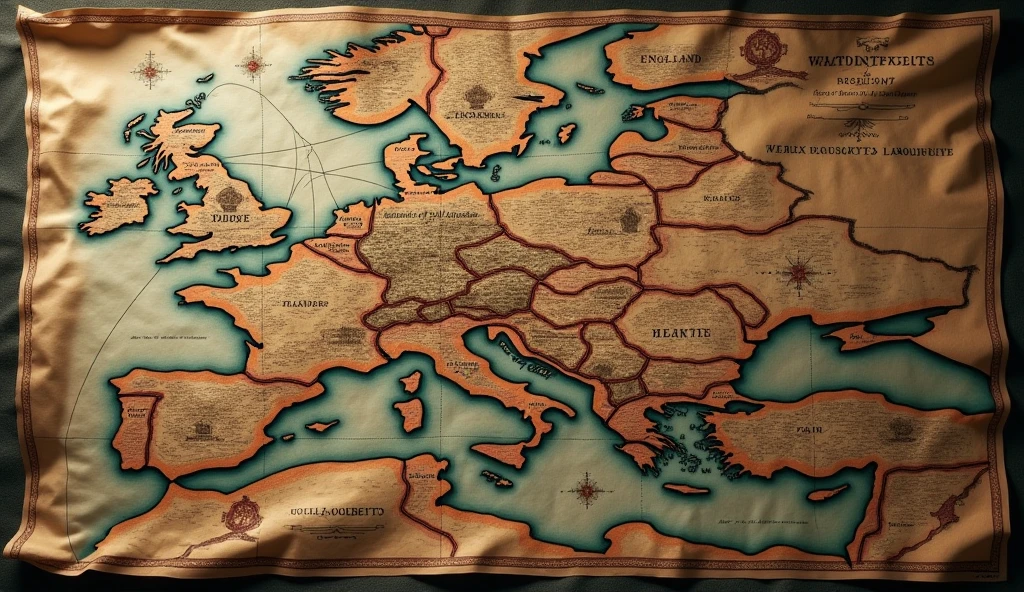 A detailed map illustrating the alliances of Edward III, set against a dark, dramatic backdrop. The map prominently features the territories of Flanders and the Holy Roman Empire, with intricate borders and shading highlighting their strategic importance. The alliances are depicted with ornate, vintage symbols and rich, muted colors that evoke the medieval period. England is shown at the center, with elaborate lines connecting it to Flanders and the Holy Roman Empire, encircling France in a network of political intrigue. The map's aged, parchment-like texture adds to the atmospheric, cinematic quality, capturing the complex web of alliances that surrounded and challenged France. The overall tone is moody and atmospheric, reminiscent of Edmund Blair Leighton's evocative style, with a focus on rich detail and historical depth., Surrealism, Hyperrealism, UHD, retina, masterpiece, accurate, anatomically correct, textured skin, super detail, 16k