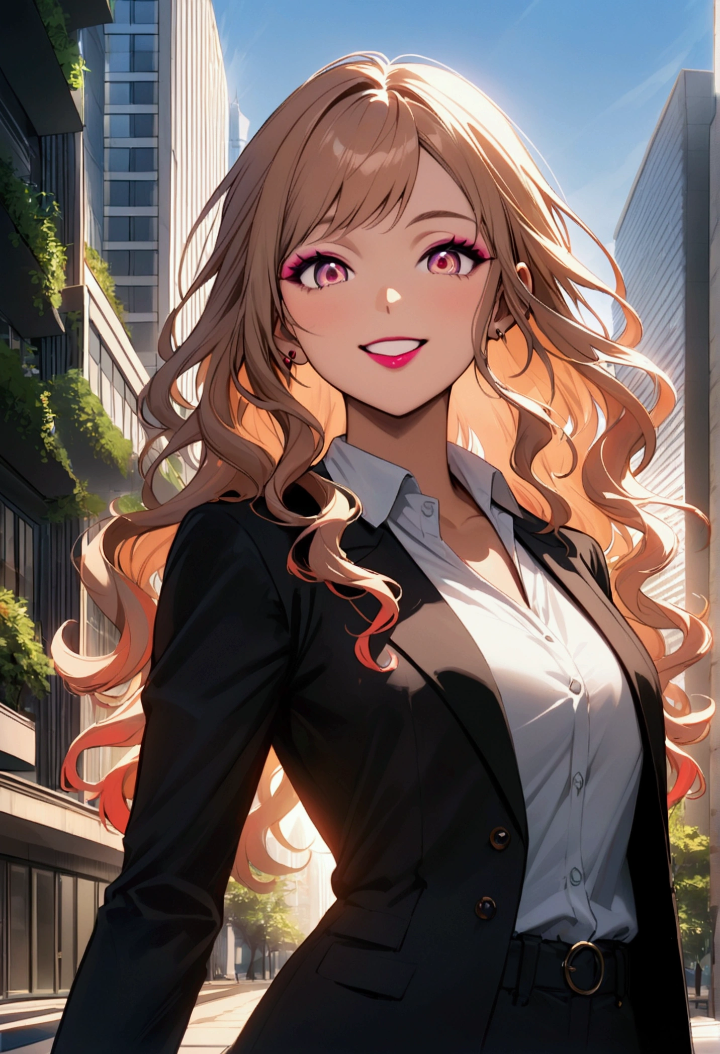 A professional profile photo of a beautiful and confident Japanese businesswoman with a subtle gyaru style, featuring a small face and large, expressive eyes. She stands outdoors near modern skyscrapers, facing the camera directly with a stylish, well-fitted suit and a playful yet professional smile. Her appearance is polished, with radiant skin, slightly bold makeup that accentuates her eyes, and shoulder-length, trendy wavy hair. The background includes tall, sleek buildings and greenery, creating a dynamic business setting. The overall atmosphere is smart and professional, with a fashionable touch that reflects her unique and vibrant personality.