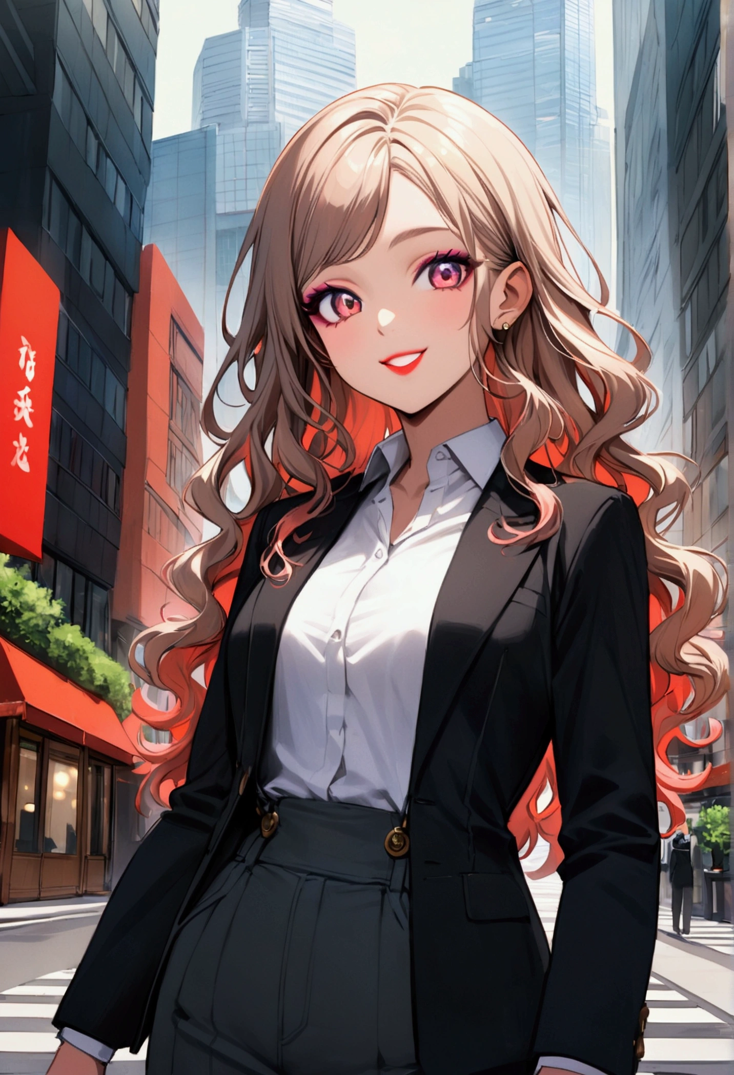 A professional profile photo of a beautiful and confident Japanese businesswoman with a subtle gyaru style, featuring a small face and large, expressive eyes. She stands outdoors near modern skyscrapers, facing the camera directly with a stylish, well-fitted suit and a playful yet professional smile. Her appearance is polished, with radiant skin, slightly bold makeup that accentuates her eyes, and shoulder-length, trendy wavy hair. The background includes tall, sleek buildings and greenery, creating a dynamic business setting. The overall atmosphere is smart and professional, with a fashionable touch that reflects her unique and vibrant personality.