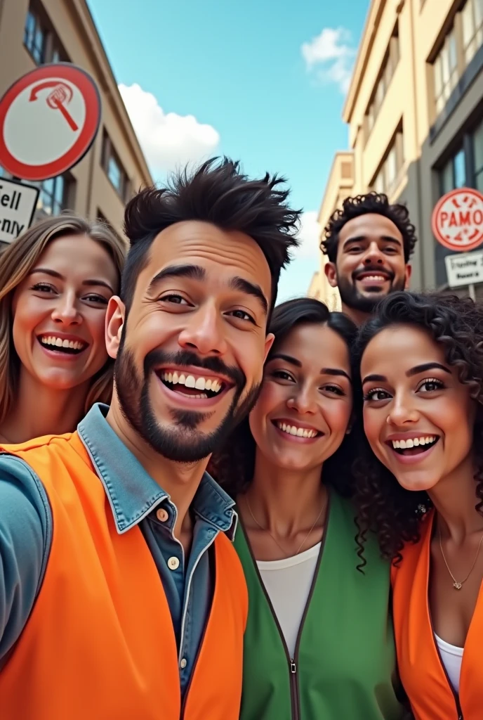 Men and women taking selfie together happily with parking signs, without helmets and with orange and green safety vests as an illustration