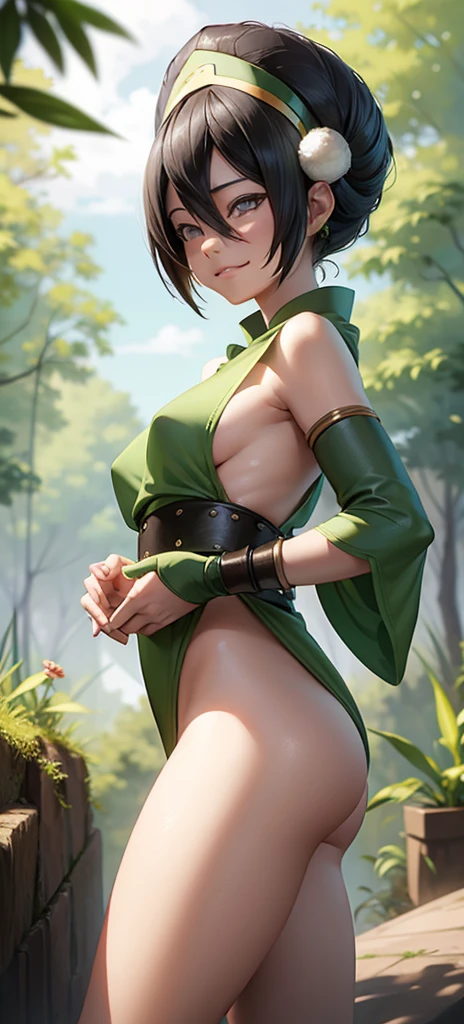 Toph beifong  ,happy, showing big ass, half naked, Forest background, smiling, sexy, topless. 