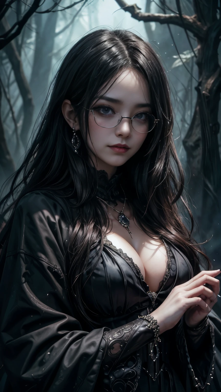 (Highest quality,4K,8k,High resolution,masterpiece:1.2),Very detailed,(Realistic,photoRealistic,photo-Realistic:1.37), Close-up of a woman with dark hair and a black dress, Dark Eyes,an ominous笑顔,((((Glasses))))、((((big sapphire necklace))))、Evil Aura,Burning Flames,Soul corruption,Dark Shadows,an ominous雰囲気,Strange symbols,Cursed Land,Eternal Darkness,Unforgettable Exists,Intimidating figure,Grotesque features,Horror Scene,twisted reality,Scary atmosphere,A wonderful work of art,Unleashed evil,Supernatural horror,Spooky art,nightmare fuel,Terrifyingly vivid,Abstract fear,Beautifully terrifying,masterpiece,Embodiment of fear,Shadow chaos,Exists,to be born々Shii Darkness,in style of Dark Fantasy Art, Dark Fantasy Art, Beautiful and elegant queen of darkness, Dark Fantasy Art, Fantasy Dark Art, Dark fantasy digital art, Gothic fantasy art, Gothic Dark Maiden, Detailed Texture,Spooky creatures,an ominous雰囲気,Mythical,Space horror,darkness,mysterious,Dark aesthetic,Fog Background,Otherworldly eyes,Ancient Gods々々々々々々, Powerful wizard, mysteriousStanding in the woods. A loose robe decorated with symbols, Arms stretched out, Powerful,Tentacles,Pitch black blackness,Majestic,Unfathomable depths,nightmare,The Exists of the universe,an ominousExists,seeping darknesss,Secrets of the Universe, (Spooky atmosphere), (((Dramatic Shadows), (Dynamic pose), ((Artistically rendered)), ((charm), (Gothic), (mysterious Setting), (Moody color palette), (Skillfully drawn), (sense of unease), (Intricate details), (an ominous smile), (an ominous), (charm eyes), (Horror elements), (charm composition), (Impressive anatomy),(Striking contrast))), (Interesting character designs)、Dark Fantasy Portrait, Portrait of the dark goddess,