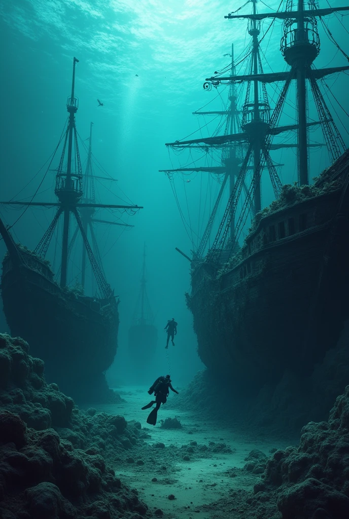Graveyard of galleon ships in pieces, lying on the bottom, with deterioration in view, full of shells stuck to the wood, Several divers swimming around and between the boats