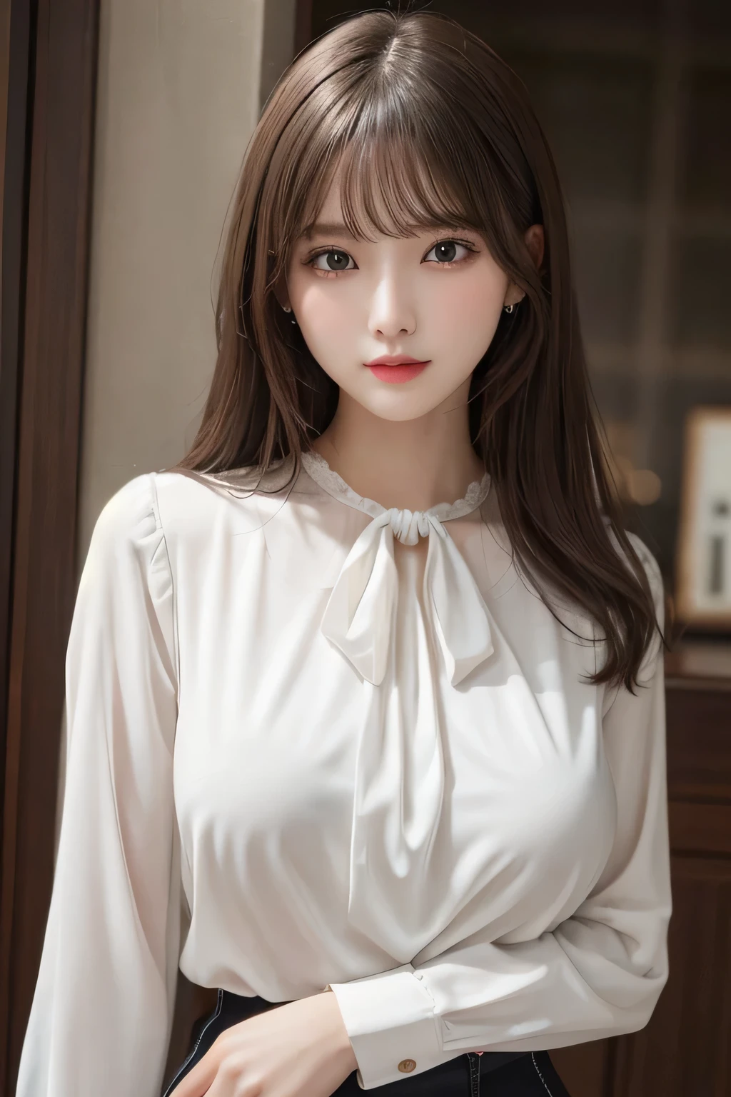 One Girl, 1 person,Highest quality,High resolution,超High resolution,8k,Realistic,Upper Body,encounter_audience,Large Breasts, the body is slim,(blouse:1.2)