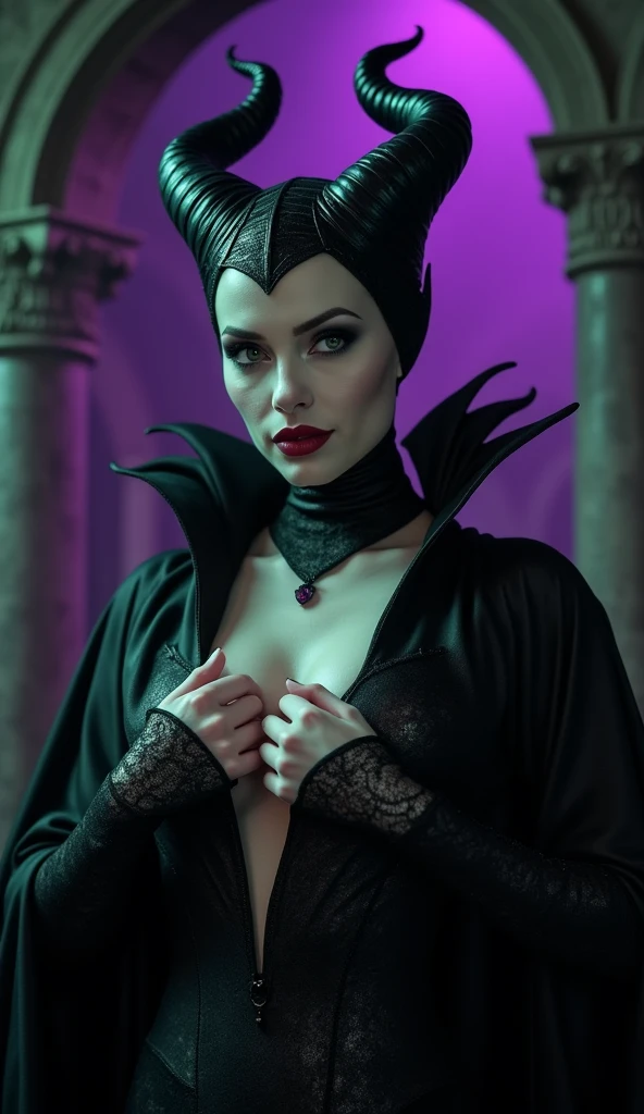 A stunning closeup portrait of Maleficent fondling her breasts, she is fertile and wants to breed, location is dungeon interior, purple and green light, breasts, powerful, pale eyes 