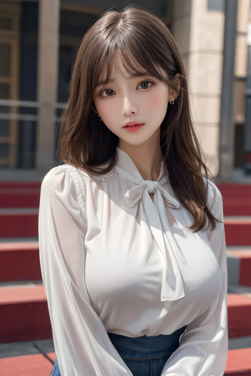 One Girl, 1 person,Highest quality,High resolution,超High resolution,8k,Realistic,Upper Body,encounter_audience,Large Breasts, the body is slim,(blouse:1.2)