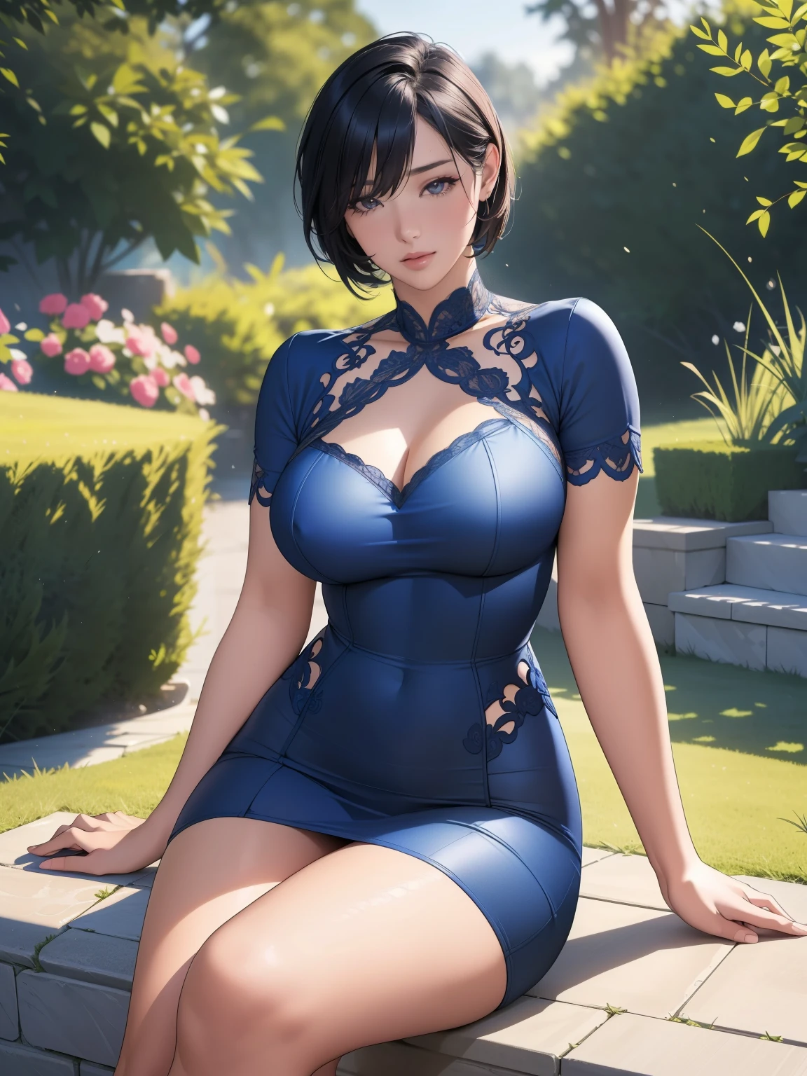 A girl sitting in a lush garden, anime style, beautiful detailed eyes, beautiful detailed lips, extremely detailed face and features, long eyelashes, dark blue short hair, rosy cheeks, slim hips, curvy hips, thin lips, relaxed sitting pose, (best quality, 4k, 8k, highres, masterpiece:1.2), ultra-detailed, (realistic, photorealistic, photo-realistic:1.37), dramatic lighting, wide garden scenery