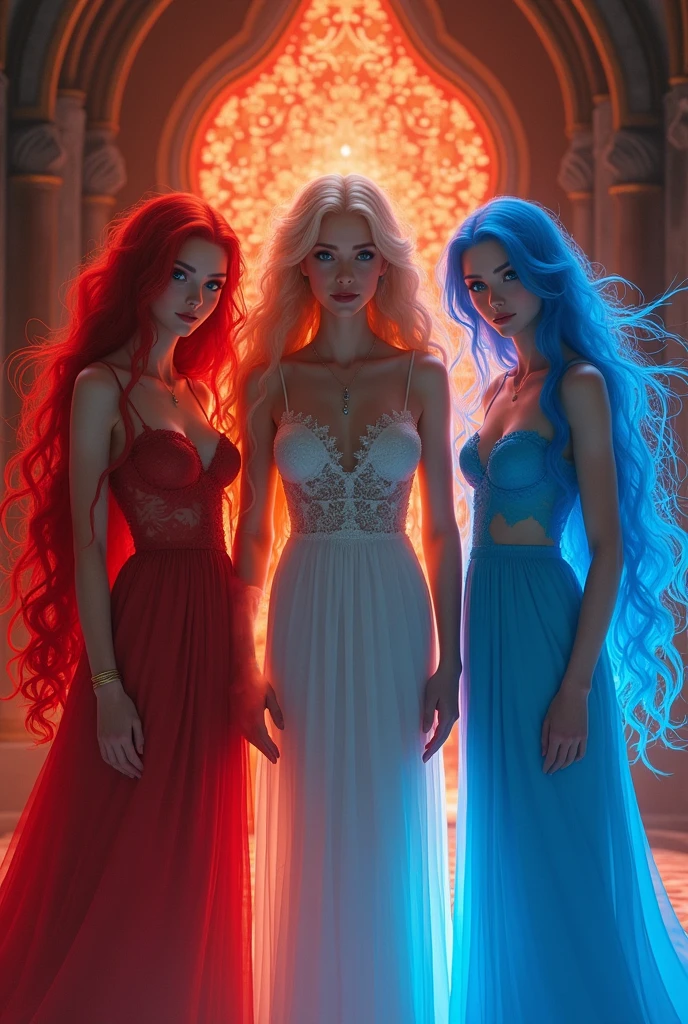 three sister goddesses, the oldest and the second are redheads and have a red aura around them, they are called Mayara and Meg respectively, the youngest is called Celeste and has blue hair and aura.and she is the only one with blue eyes, the other two have red eyes, only the youngest has blue hair and eyes