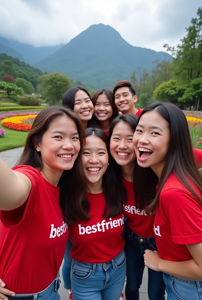 photo of 4 Indonesian women aged 28 years, 4 Indonesian men aged 38 years, (all wearing red uniform t-shirts with the words "BESTFRIEND"), all wearing blue denim trousers, wearing sneakers, taking a selfie together. everyone smiled happily. mountain and flower garden background. Skin details, HD, 8K