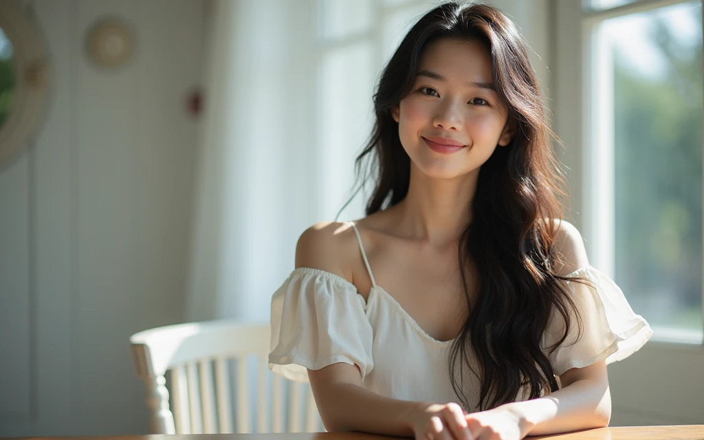 a young asian woman with long wavy hair wearing a white summer dress, sitting at a table, smiling, (high detail skin:1.2), 8K UHD, Digital SLR, High quality, filmgrain, Fujifilm XT3, perfect figure, (beautiful woman:1.4), ((wavy hair)), RAW photo, rim lighting, dim lighting, perfect anatomy, anatomically correct, perfection proportions.
