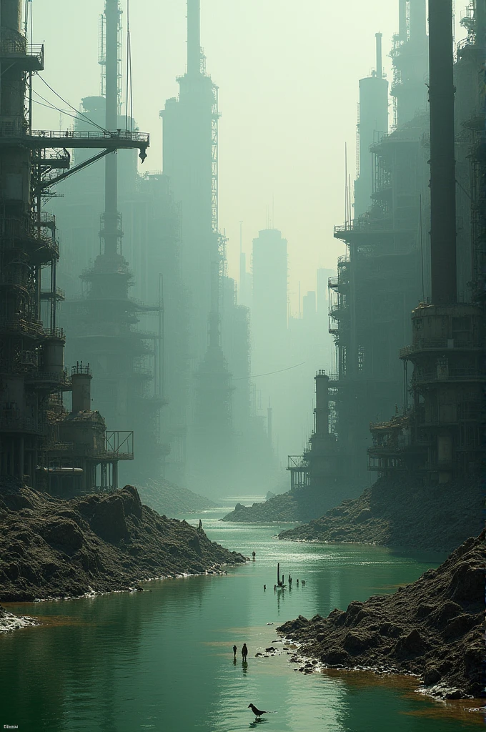 Create an image of a polluted city and river
