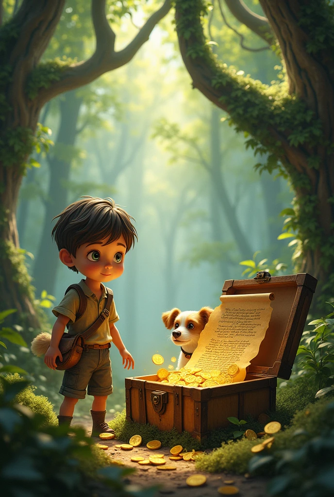boy and his adult white Cooker breed dog with brown spots walking in the forest finding a box, image opening the box and finding a scroll and gold coins