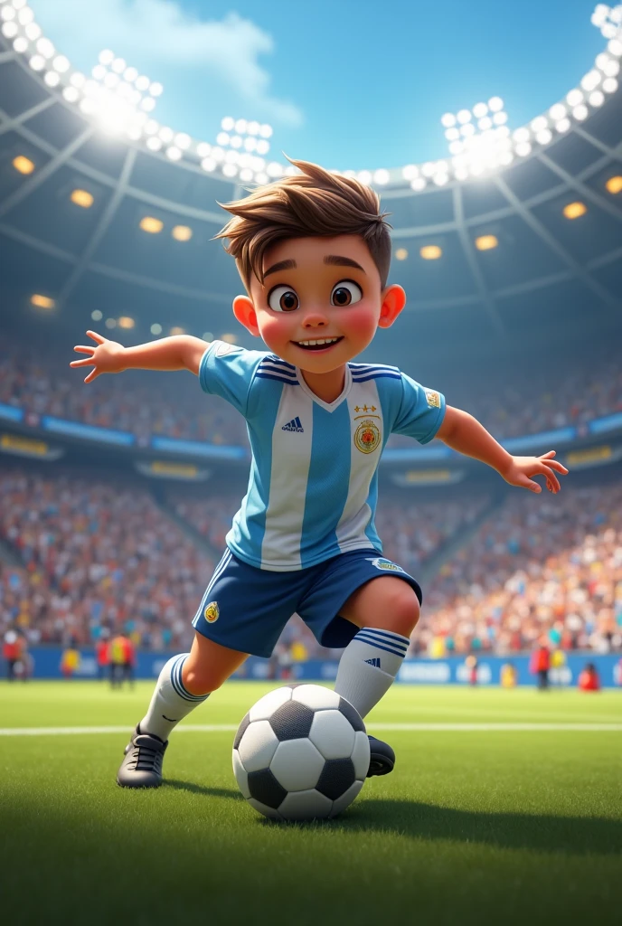A  boy, Caucasian skin, small-nose, dark brown eyes, round glasses, short messy light brown hair, wearing the uniform of the Argentine national football team and playing football in a stadium full of fans 