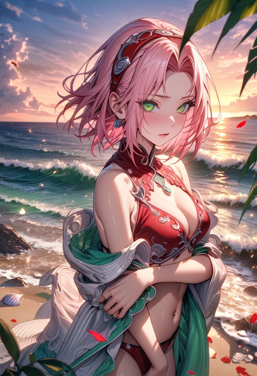 Ultra detailed, Highres, absurdres, HDR, master piece, Haruno Sakura, pink hair, short hair, expressive green eyes, Naruto Shippuden, woman, extremely beautiful, solo, beach, red bikini, water, glittering, petals, fantasy, magical, green leaves, seashells, ocean, sea, sunset, sensual