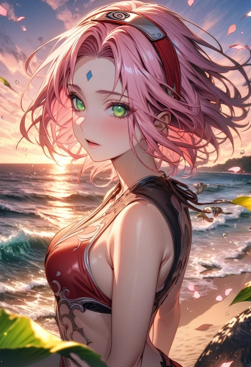 Ultra detailed, Highres, absurdres, HDR, master piece, Haruno Sakura, pink hair, short hair, expressive green eyes, Naruto Shippuden, woman, extremely beautiful, solo, beach, red bikini, water, glittering, petals, fantasy, magical, green leaves, seashells, ocean, sea, sunset, sensual