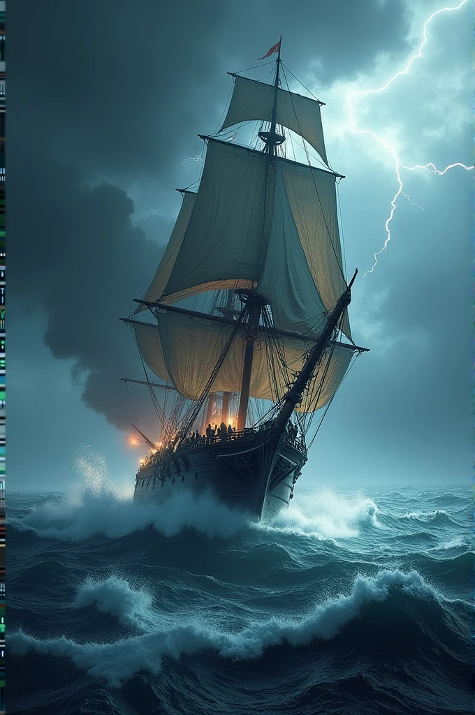 warship sailing turbulently in the middle of a storm on the high seas