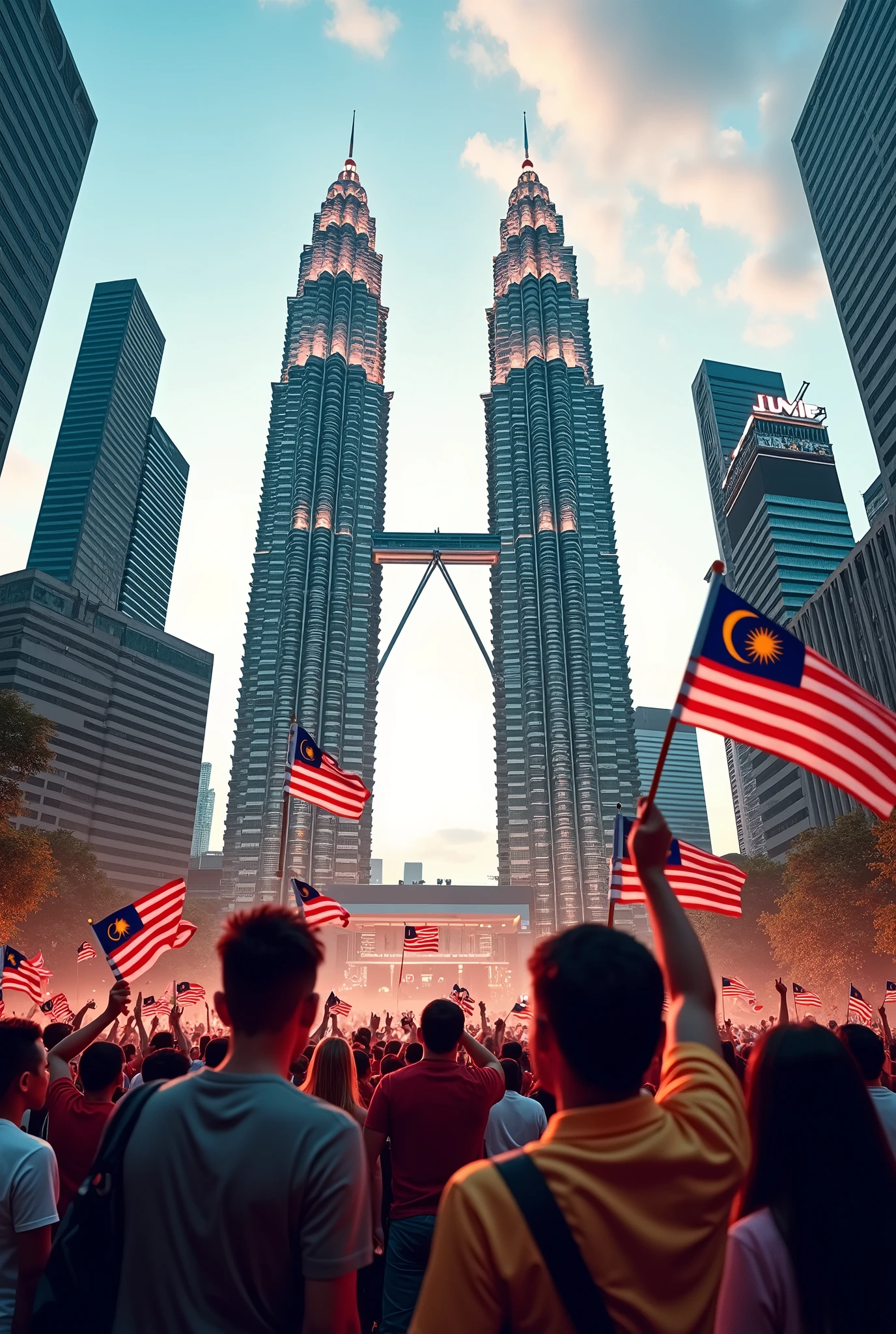 4k photo, realistic, Malaysia day, Citizens crowd in front of the Petronas twin tower, Citizens' cloth different color and mix gender, citizens are holding Malaysia flag, Make sure Malaysia flags are correct, festival, happy and shocking feeling, futuristic