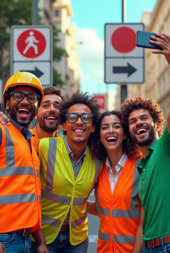 Men and women taking selfie together happily with parking signs, without helmets and with orange and green safety vests as an illustration